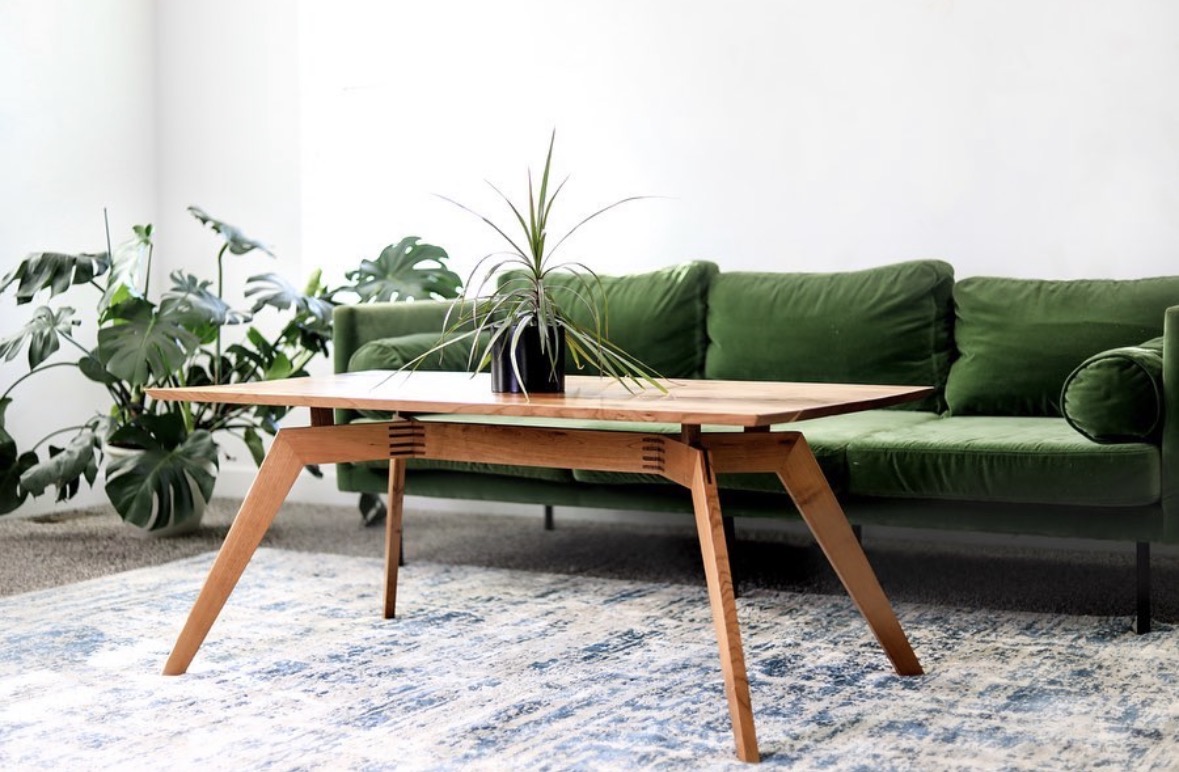 Handmade wood coffee table in a living room